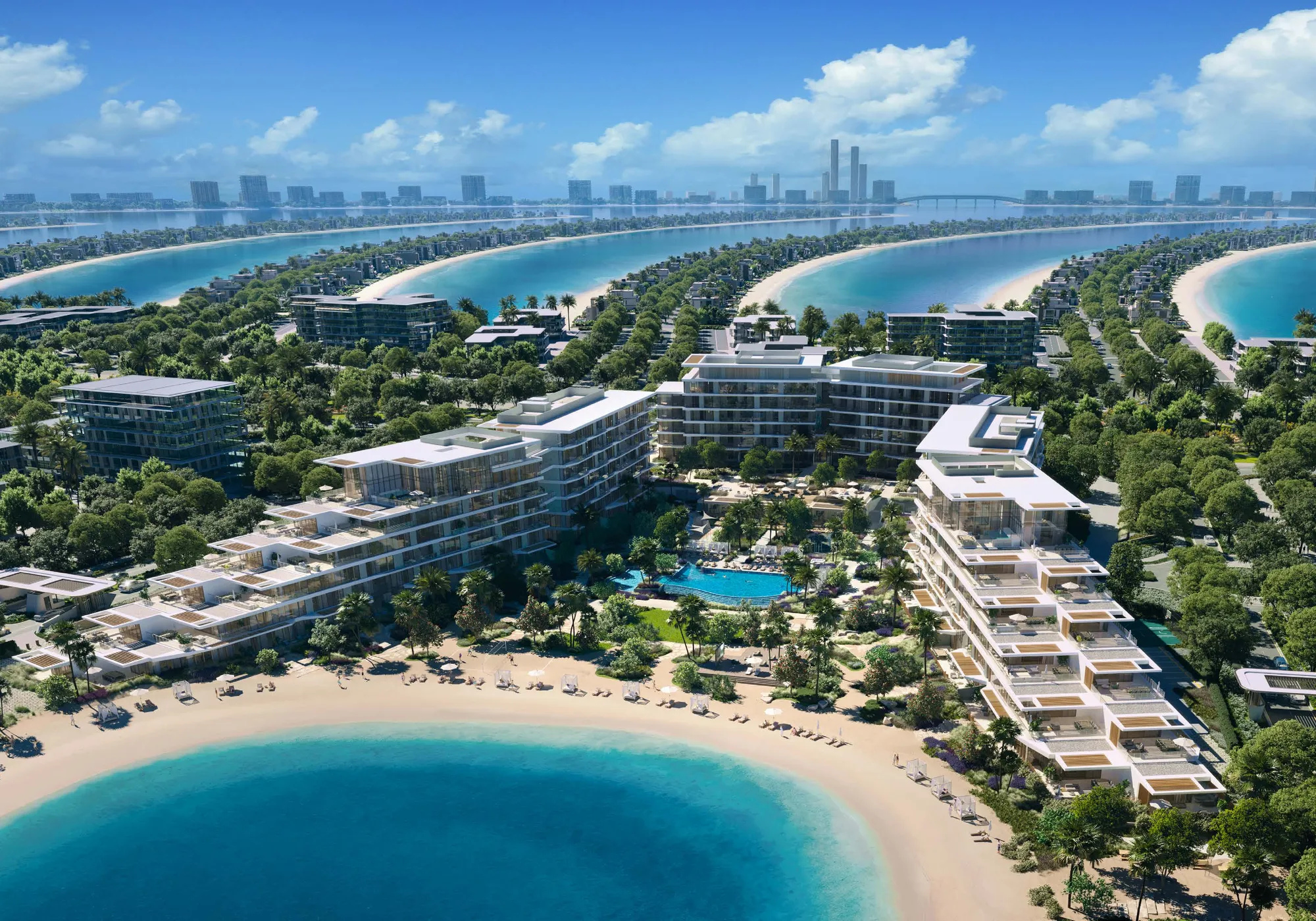 Aerial of the three buildings, beach and pool among the fronds of Palm Jebel Ali