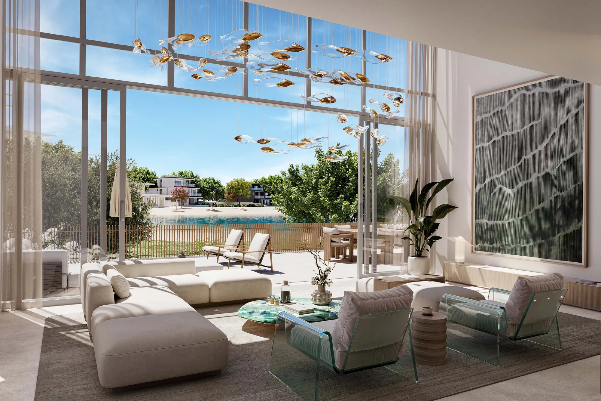 Double-height townhouse living room opening onto a terrace near the beach